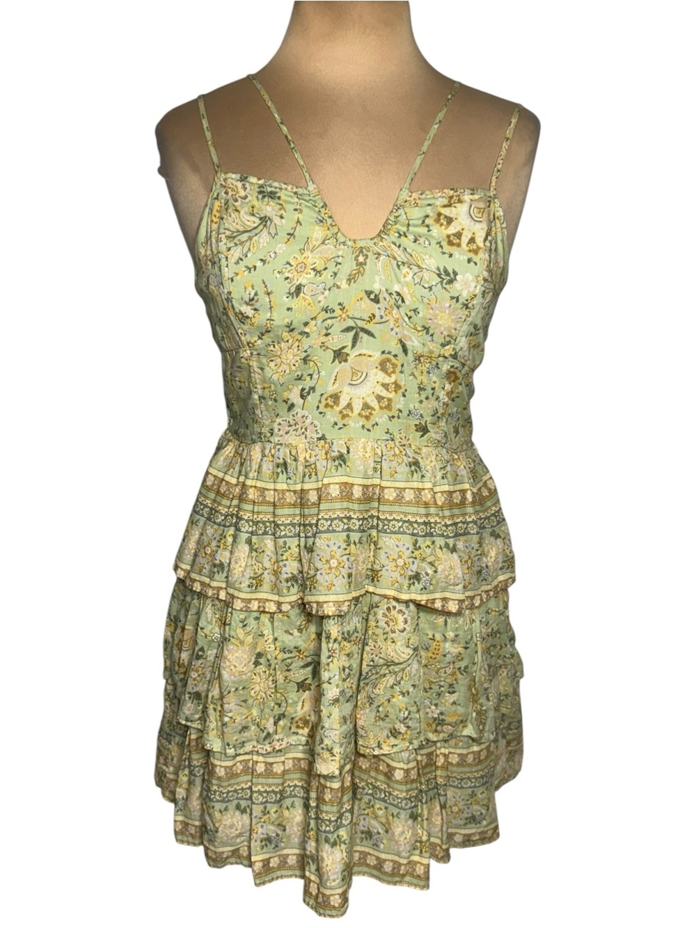 American Eagle Floral Tiered Mini Dress Sage Green Cottagecore Boho L - Picture 2 of 10
